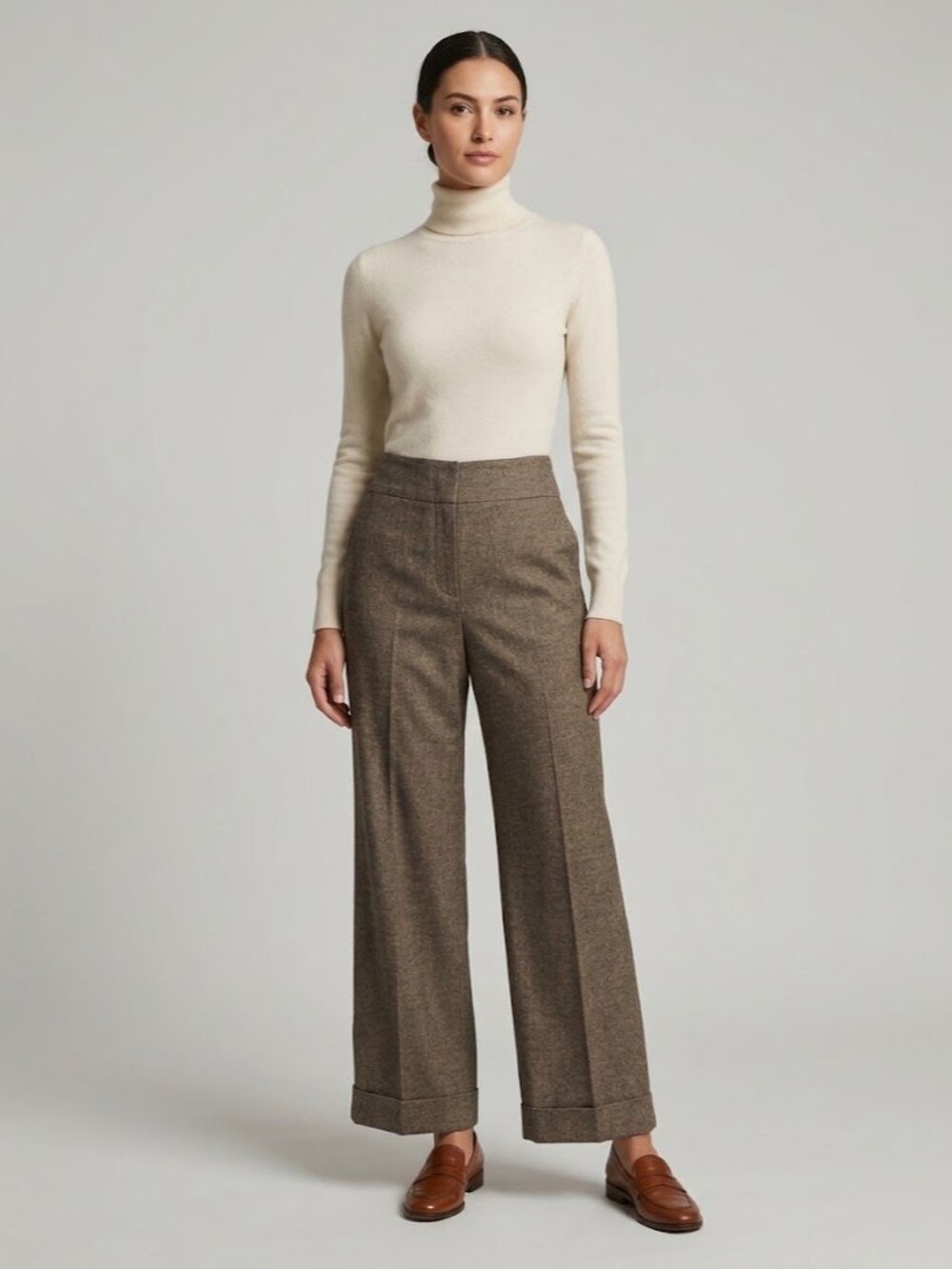 Anne Klein Wool Silk Blend Tweed Wide Leg Cuffed Trousers 90s Minimalist Chic 10